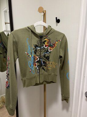 EUC Ed Hardy Butterflies Y2K Olive Crop Zip Hoodie SZ Large